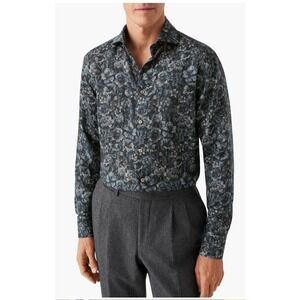 ETON Floral Print 100% Merino Wool Contemporary Fit Blue Grey Dress Shirt 43/17